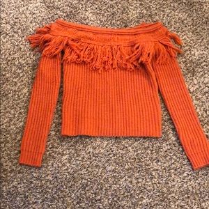 Off shoulder burnt orange fringe sweater
